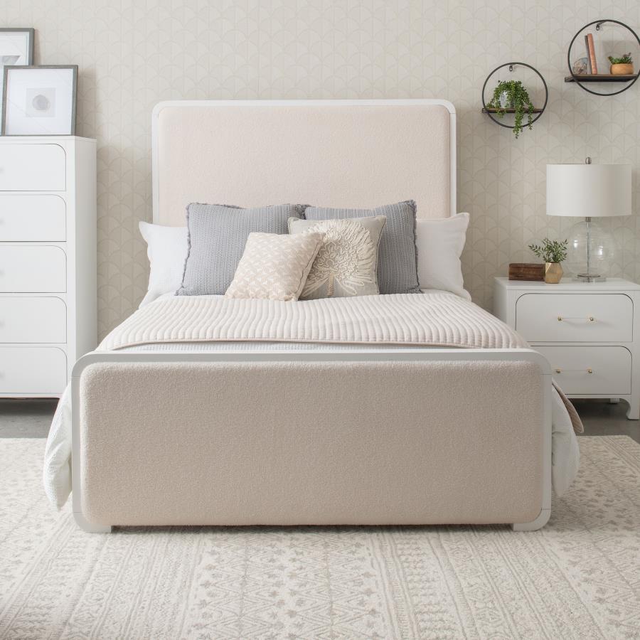 224751Q 4-PC Anastasia Boucle Upholstered Panel Bed Pearl White and Beige