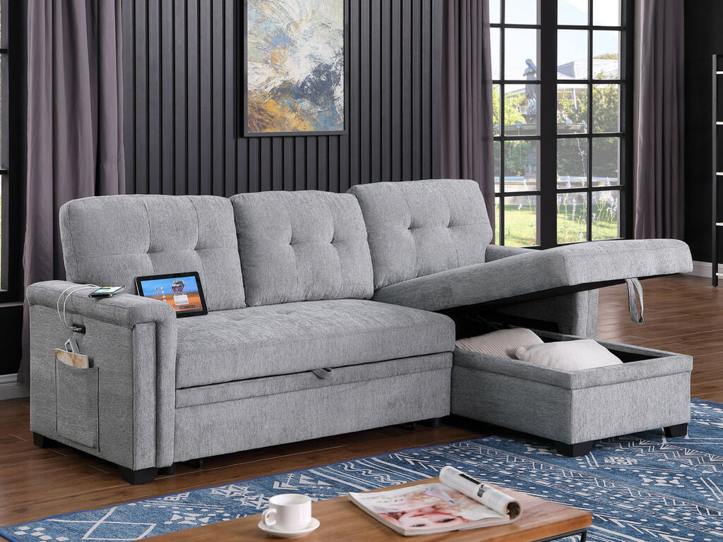 Ashlyn Reversible Sleeper Sectional Sofa with Storage Chaise, Charging Ports, Side Pockets