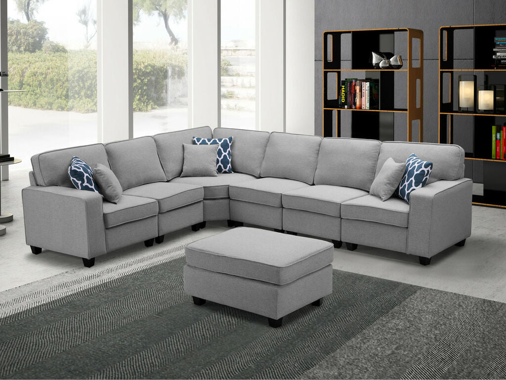 1352-Casanova 124W Linen 7Pc Modular L-Shape Sectional Sofa with Ottoman