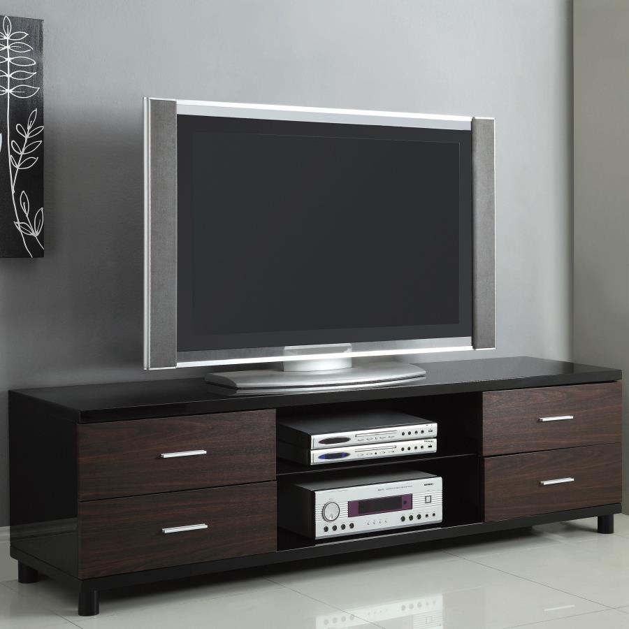 Caleb 4-drawer TV Console Glossy Black and Walnut